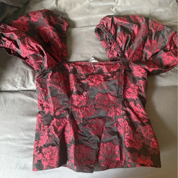 Ganni Black & Red Botanical Jacquard Blouse